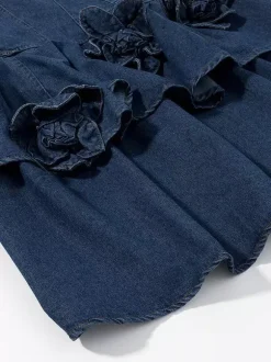 Navy Blue Sleeveless Denim Mini Dress With Ruffle Hem For Women