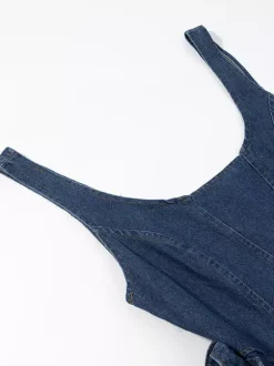 Navy Blue Sleeveless Denim Mini Dress With Ruffle Hem For Women