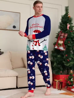 Navy Blue Snowman Merry Christmas Family Pajamas With Red Trim 2026