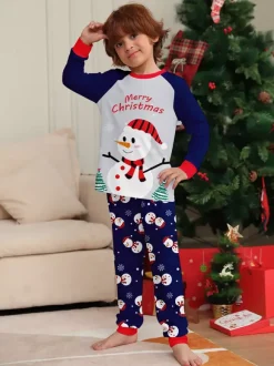 Navy Blue Snowman Merry Christmas Family Pajamas With Red Trim 2026