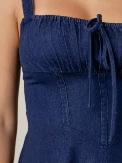 Navy Blue Square Neck Spaghetti Strap Midi Dress For Women Classic Elegance