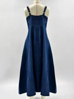 Navy Blue Square Neck Spaghetti Strap Midi Dress For Women Classic Elegance