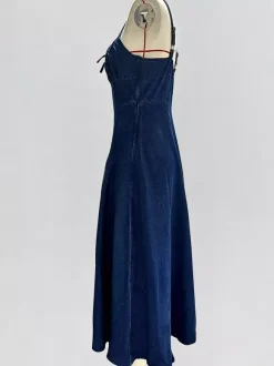 Navy Blue Square Neck Spaghetti Strap Midi Dress For Women Classic Elegance
