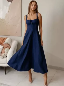Navy Blue Square Neck Spaghetti Strap Midi Dress For Women Classic Elegance