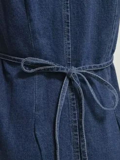 Navy Blue V Neck Sleeveless Denim Mini Dress For Women Retro Chic