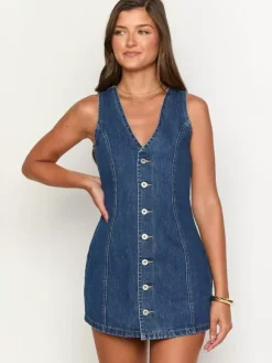 Navy Blue V Neck Sleeveless Denim Mini Dress For Women Retro Chic