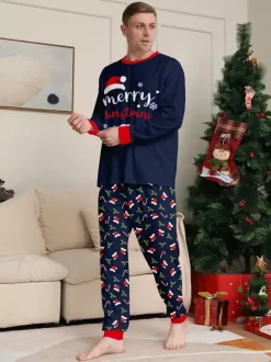 Navy Red Merry Christmas Family Pajamas Candy Cane Print 2026