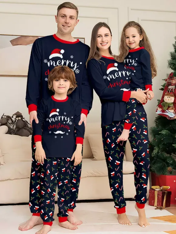 Navy Red Merry Christmas Family Pajamas Candy Cane Print 2026
