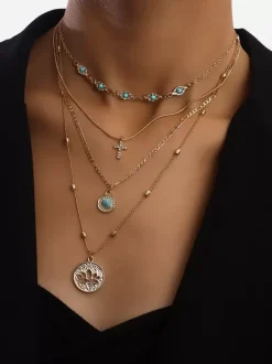 Necklace Evil Eye Cross Lotus Layered Chic Necklace