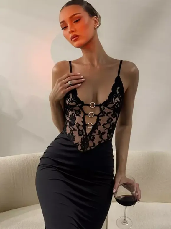Night Out Dresses Black Criss Cross Back Lace Cutout Maxi Dress Nightclub Evening Gown