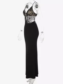 Night Out Dresses Black Criss Cross Back Lace Cutout Maxi Dress Nightclub Evening Gown