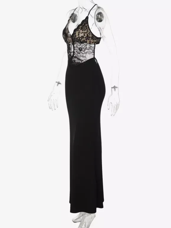Night Out Dresses Black Criss Cross Back Lace Cutout Maxi Dress Nightclub Evening Gown