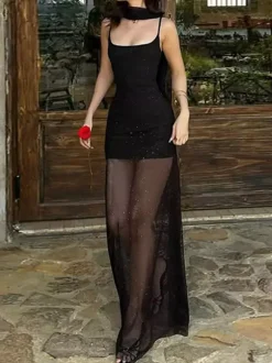 Night Out Dresses Black Glitter Mesh Choker Slit Maxi Dress See Through Night Club Party Gown