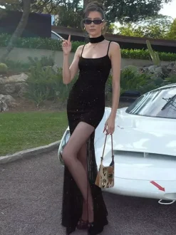 Night Out Dresses Black Glitter Mesh Choker Slit Maxi Dress See Through Night Club Party Gown
