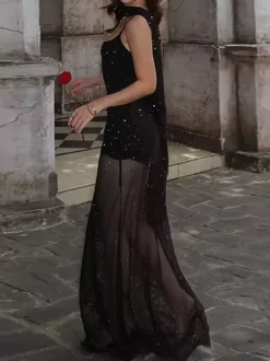 Night Out Dresses Black Glitter Mesh Choker Slit Maxi Dress See Through Night Club Party Gown