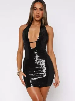 Night Out Dresses Black Polyester Sleeveless Halter Summer Dress