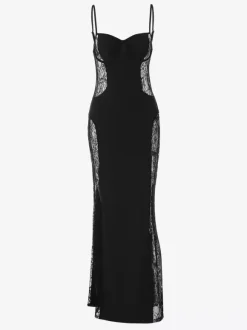 Night Out Dresses Black Side Sheer Lace Panel Mermaid Maxi Dress Nightclub Formal Gown