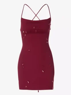 Night Out Dresses Burgundy Rhinestone Criss Cross Back Ruched Bodycon Mini Club Dress