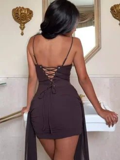 Night Out Dresses Date Night Red Brown Square Neck Flower Strap Lace Up Back Ruched Mini Club Dress