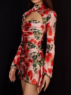 Night Out Dresses Floral Print Long Sleeves Off-The-Shoulder Backless Summer Dress