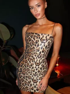 Night Out Dresses Leopard Leopard Print Sleeveless Straps Neck Summer Dress