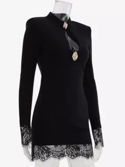 Night Out Dresses Mandarin Collar Gold Button Lace Cuff Long Sleeve Bodycon Mini Dress