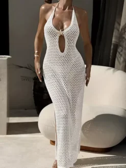 Night Out Dresses Sexy Cutout Mesh Halter Maxi Backless High Slit Fishnet Sheer Long Nightclub Party Dress