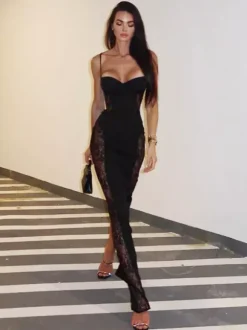 Night Out Dresses Spaghetti Strap Bustier Lace Side Cutout Bodycon Maxi Dress