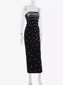 Night Out Dresses Strapless Rhinestone Embellished Bodycon Midi Dress Back Split Evening Gown