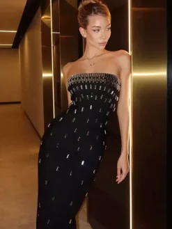 Night Out Dresses Strapless Rhinestone Embellished Bodycon Midi Dress Back Split Evening Gown