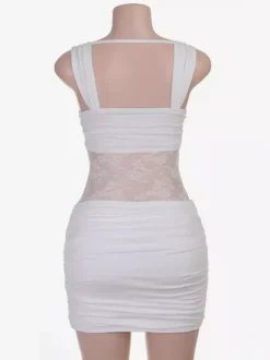Night Out Dresses White Ruched Lace Mesh Bodycon Mini Dress Spaghetti Strap Deep Neck Club Party Dress