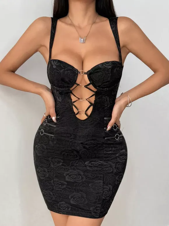 Night Out Dresses Black Circles Sleeveless Straps Neck Cupless Summer Dress