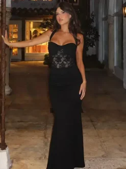 Night Out Dresses Black Halter Mermaid Maxi Lace Cutout Back Tie Ruched Waist Evening Party Gown