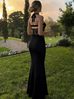 Night Out Dresses Black Halter Mermaid Maxi Lace Cutout Back Tie Ruched Waist Evening Party Gown