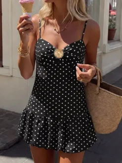 Night Out Dresses Black Polka Dot Cami Ruffle Flowy Mini Sundress
