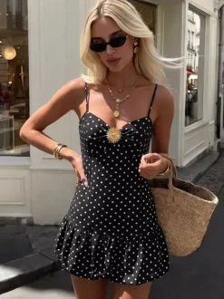 Night Out Dresses Black Polka Dot Cami Ruffle Flowy Mini Sundress