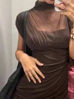 Night Out Dresses Black Short Sleeves High Collar Summer Dress