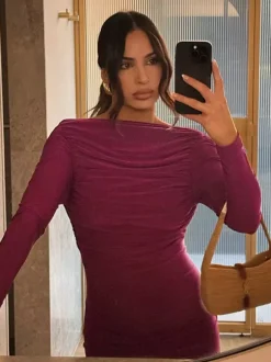 Night Out Dresses Burgundy Long Sleeves Off-The-Shoulder Backless Summer Dress