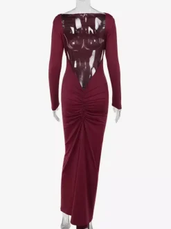 Night Out Dresses Burgundy Long Sleeves Off-The-Shoulder Backless Summer Dress