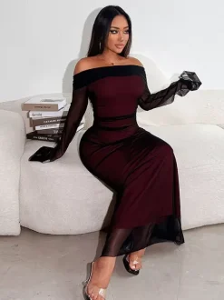 Night Out Dresses Burgundy Long Sleeves Off-The-Shoulder Summer Dress