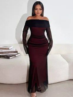 Night Out Dresses Burgundy Long Sleeves Off-The-Shoulder Summer Dress