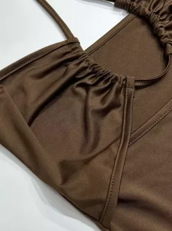 Night Out Dresses Deep Brown Polyester Sleeveless Halter Backless Summer Dress