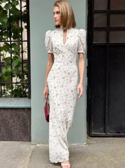 Night Out Dresses Maxi Burgundy Short Puff Sleeves High Collar Summer Dress