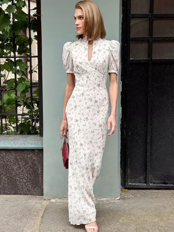 Night Out Dresses Maxi Burgundy Short Puff Sleeves High Collar Summer Dress