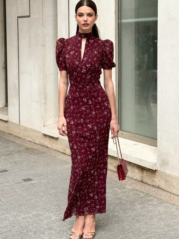 Night Out Dresses Maxi Burgundy Short Puff Sleeves High Collar Summer Dress