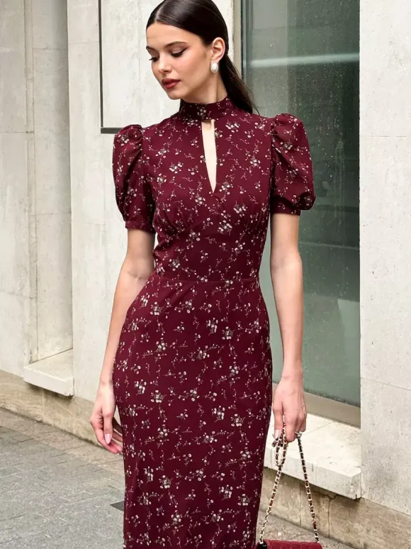 Night Out Dresses Maxi Burgundy Short Puff Sleeves High Collar Summer Dress