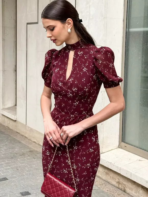 Night Out Dresses Maxi Burgundy Short Puff Sleeves High Collar Summer Dress