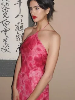 Night Out Dresses Rose Floral Print Sleeveless Halter Summer Dress
