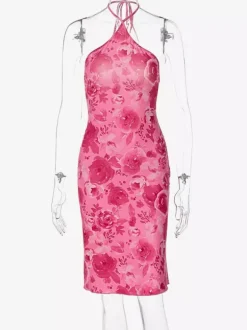 Night Out Dresses Rose Floral Print Sleeveless Halter Summer Dress