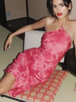 Night Out Dresses Rose Floral Print Sleeveless Halter Summer Dress